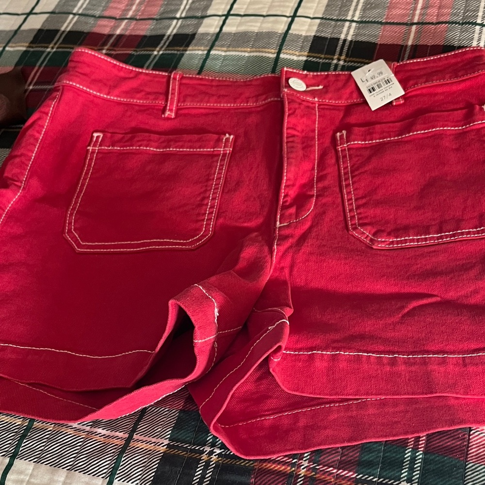 Women's Red Denim Jean Shorts with Contrast Stitching